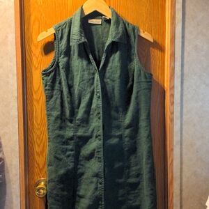 EUC! Apostrophe Green Button Down 100% Linen Midi Collared Shirt Dress